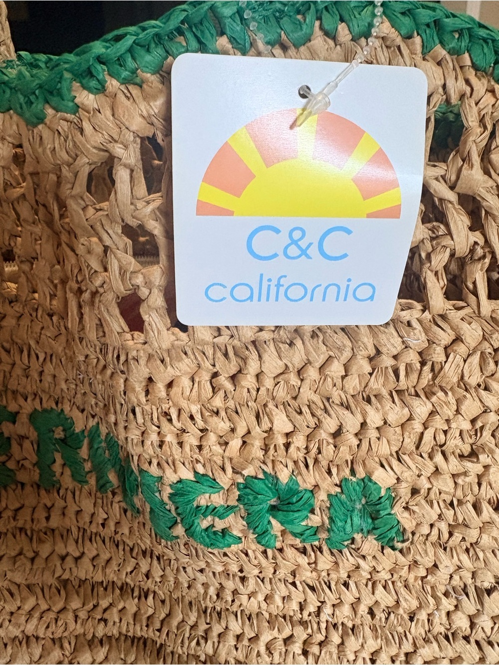 C&C California Riviera Natural Crochet Tote with Green Trim NWT - Picture 5 of 8